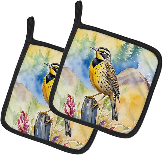 Caroline's Treasures Oregon Western Meadowlark Pair of Pot Holders Kitchen Heat Resistant Pot Holders Sets Oven Hot Pads for Cooking Baking BBQ, 7 1/2 x 7 1/2