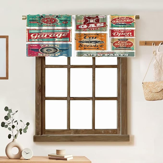 Retro 1950s Valance Curtain Vintage Car Service and Gas Station Metal Signs Windows Short Curtains Valances for Kitchen Living Room Bathroom Bedroom Decor with Rod Pocket, One Panel 54X18 Inches