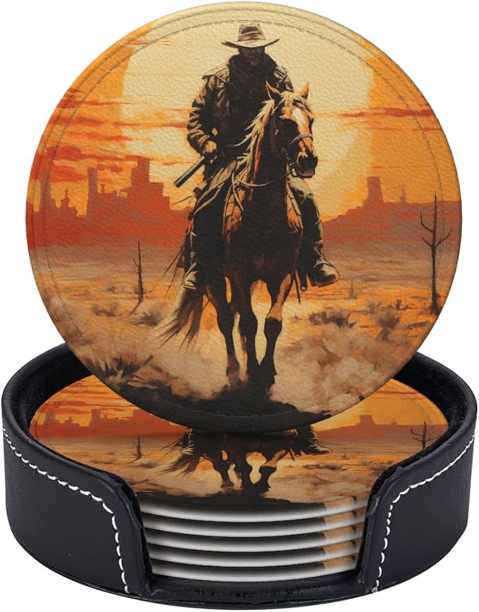 Famame 6 Pcs West Desert Cowboy Sunset Leather Coasters for Drinks with Holder Coaster Sets Drink Table Cup Coasters for Living Room Kitchen Coffee Decor