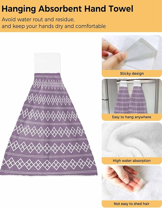 Alandar Home Kitchen Tie Towel Set of 2, Geometric White Purple Square Dot Absorbent Soft Hand Towels for Bathroom Hanging Towels, Modern Abstract Check Texture Fast Drying Cleaning Cloth with Loop