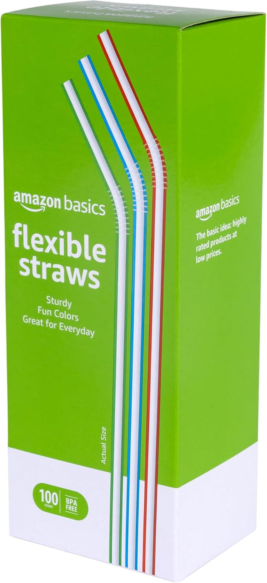 Amazon Basics Disposable Striped Plastic Flex Straws, 7.5" Long, Assorted Colors, 100 Count, Large Pack (Pack of 6)