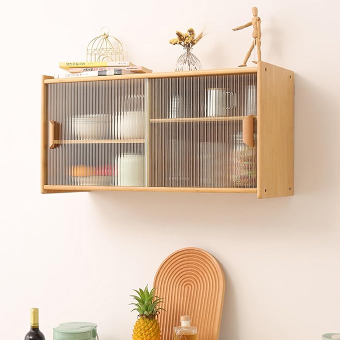 Countertop Kitchen Pantry Cabinet,Bamboo Wall Sideboard with Sliding Glass Doors,Pantry Cabinet for Kitchen, Living Room,Dinning,Bedroom,Log Color,30.3" W