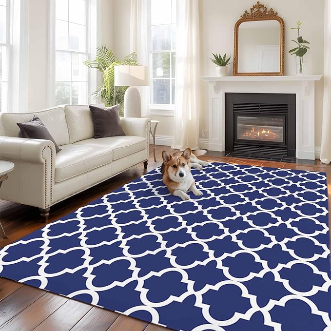Area Rug 6x9ft, Navy Blue Moroccan Plaid Washable Rugs for Living Room Bedroom, White Line Buffalo Lattice Soft Non-Slip Area Rugs Rectangle Floor Carpet for Dining Room