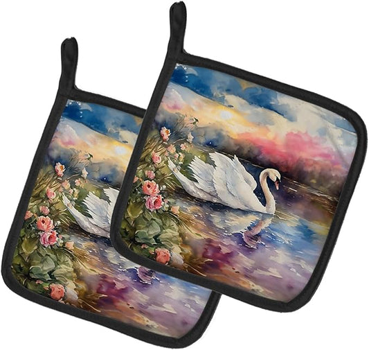 Caroline's Treasures Swan Pair of Pot Holders Kitchen Heat Resistant Pot Holders Sets Oven Hot Pads for Cooking Baking BBQ, 7 1/2 x 7 1/2