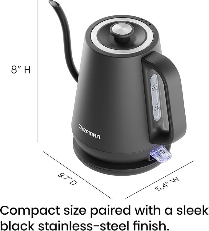 Chefman Gooseneck Electric Kettle, 0.8L Pour Over Tea Kettle for Coffee and Tea, One-Touch Operation, Boil-Dry Protection, Auto Shut-Off, Ultra-Fast Hot Water Boiler – Black