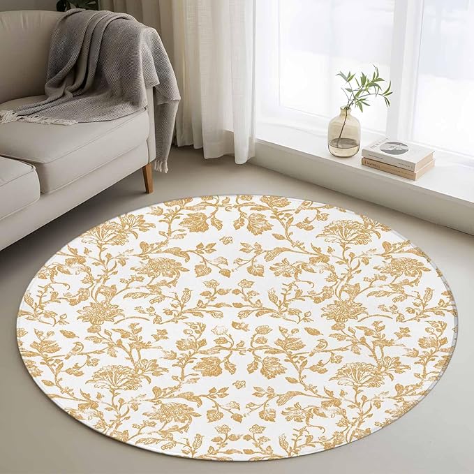 Washable Round Area Rug Vintage Farmhouse Flowers Pattern Circle Rugs Floor Carpet for Living Room Bedroom, Yellow Floral Art Soft Non Slip Round Rug 3ft