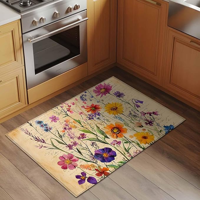 Area Rug 2x3ft, Farmhouse Colorful Small Flower Washable Rugs for Living Room Bedroom, Retro Backdrop Seamless Soft Non-Slip Area Rugs Rectangle Floor Carpet for Dining Room