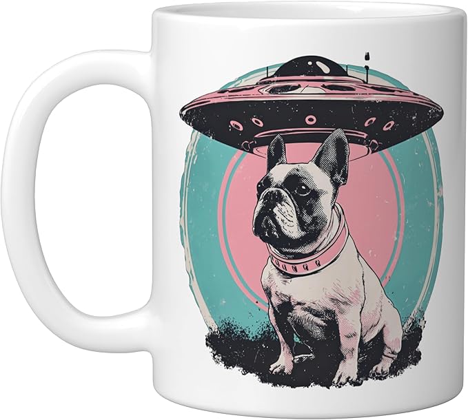 Retro UFO French Bulldog Alien Sci Fi Space Ceramic Mug, White
