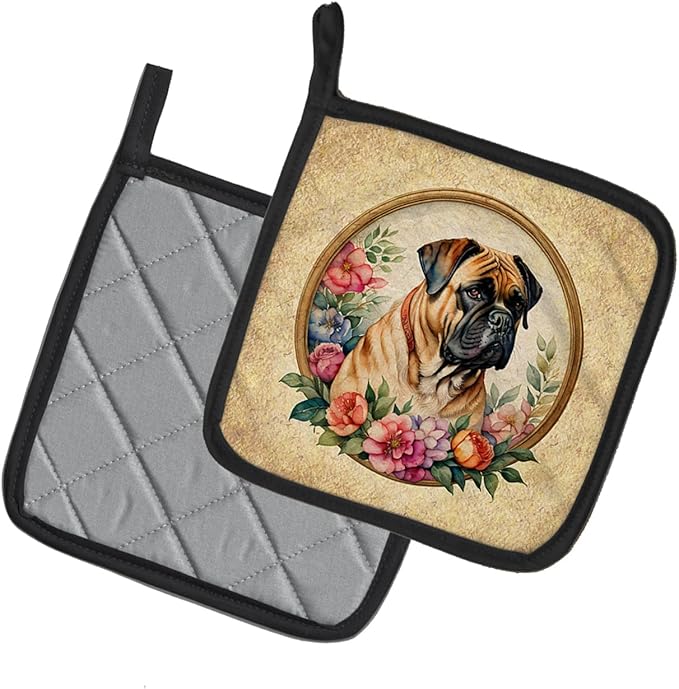Caroline's Treasures Bullmastiff and Flowers Pair of Pot Holders Kitchen Heat Resistant Pot Holders Sets Oven Hot Pads for Cooking Baking BBQ, 7 1/2 x 7 1/2