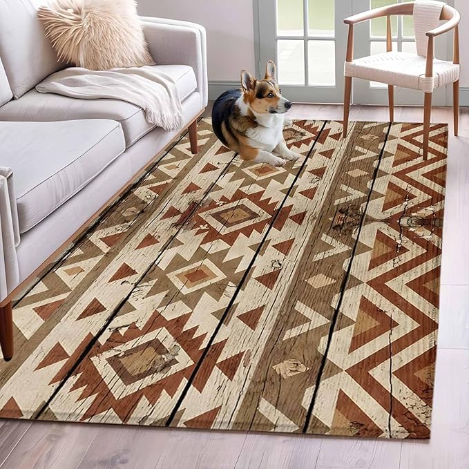 Area Rug 4x6ft, Rustic Aztec Style Pattern Washable Rugs for Living Room Bedroom, Southwestern Geometric Art Soft Non-Slip Area Rugs Rectangle Floor Carpet for Dining Room