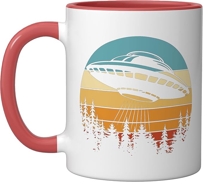 Alien UFO Flying Saucer Abduction Retro Ceramic Mug, Red/White