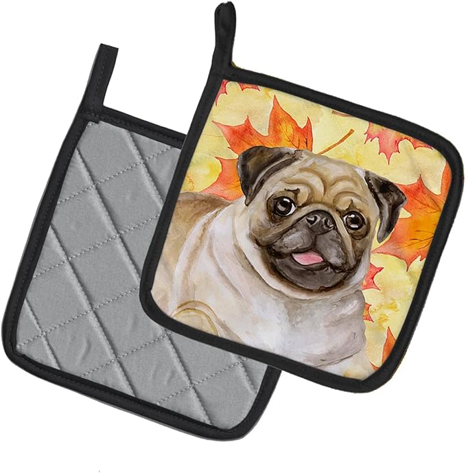 Caroline's Treasures BB9979PTHD Fawn Pug Fall Pair of Pot Holders, Yellow Kitchen Heat Resistant Pot Holders Sets Oven Hot Pads for Cooking Baking BBQ, 7 1/2 x 7 1/2