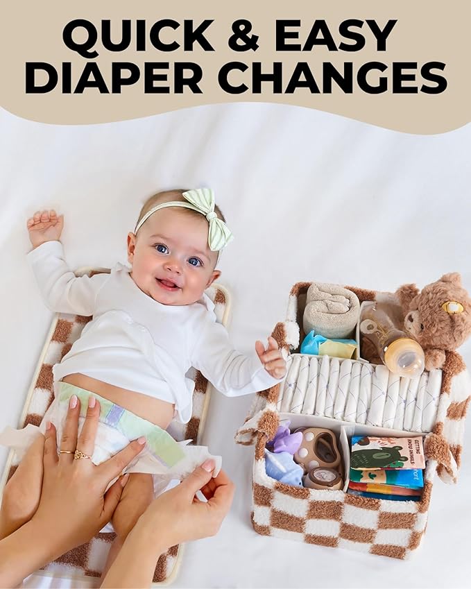 Checkered Diaper Caddy Organizer with Portable Changing Mat - Teddy Fleece Diaper Organizer for Changing Table - Caddy Organizer with Removable Dividers - Light Taupe and White