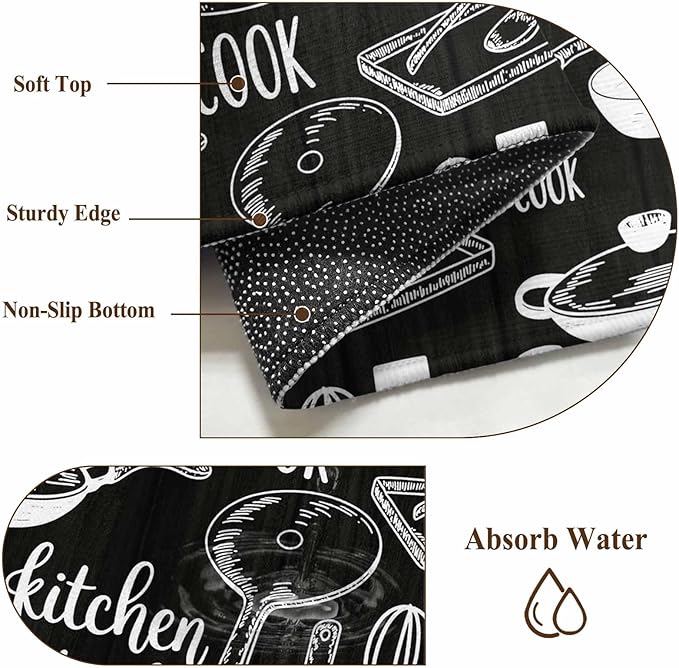 Black Kitchen Tools 6ft Round Rug, Modern Cooking Utensil Non-Skid Rubber Backing Large Area Rugs - Living Room Bedroom Home Office, Farmhouse Cookware Indoor Floor Mat Carpets Washable Rug