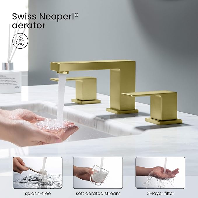KIBI 2-Handle Cube Bathroom Sink Faucet with Drain Assembly | 3-Hole Installation, Solid Brass Construction | 8-Inch Wide Spread Lavatory Faucet | Brushed Gold Finish, KBF1024