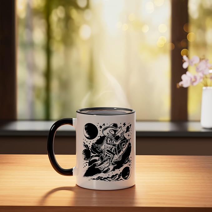 Alien Lover Flying Saucer UFO Extraterrestrial Cowboy Ceramic Mug, Black/White