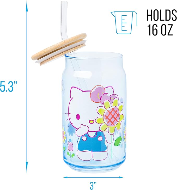 Silver Buffalo Sanrio Hello Kitty Floral Glass Tumbler with Bamboo Lid and Glass Straw, 16 Ounces