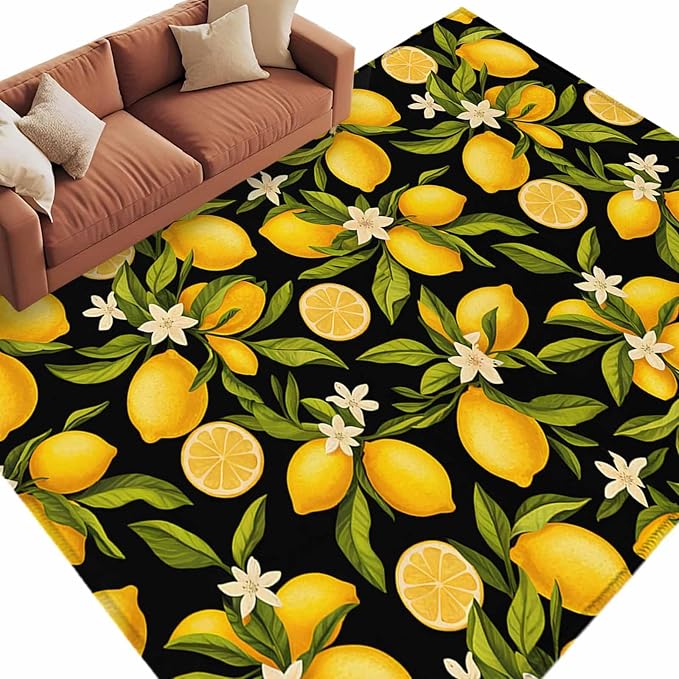 Area Rug 6x9ft, Summer Lemon Flower Washable Rugs for Living Room Bedroom, Plant on Black Soft Non-Slip Area Rugs Rectangle Floor Carpet for Dining Room