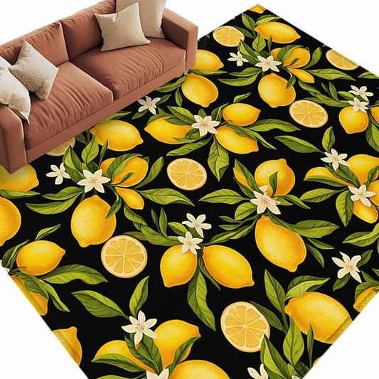 Area Rug 6x9ft, Summer Lemon Flower Washable Rugs for Living Room Bedroom, Plant on Black Soft Non-Slip Area Rugs Rectangle Floor Carpet for Dining Room
