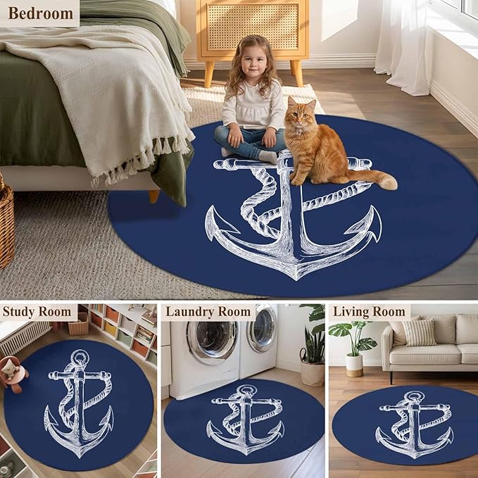 Washable Round Area Rug Marine Theme Anchor String Sketch Circle Rugs Floor Carpet for Living Room Bedroom, Watercolor Nautical Theme Soft Non Slip Round Rug 3ft