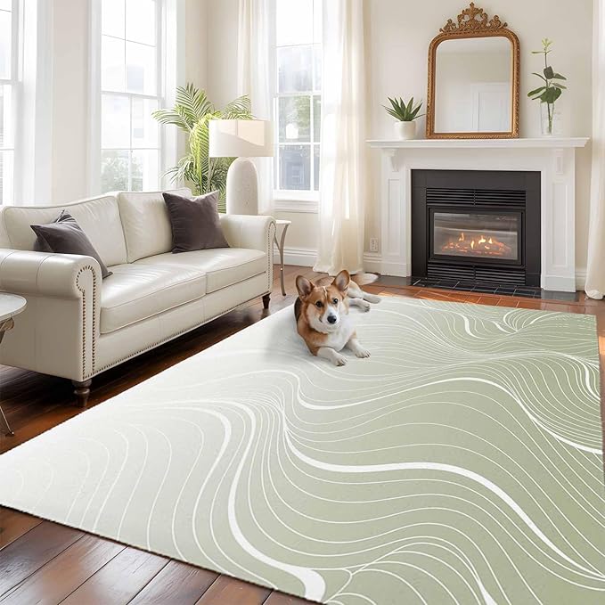 Area Rug 6x9ft, Sage Green Wavy Gradient Stripes Washable Rugs for Living Room Bedroom, Geometric Abstract Art Soft Non-Slip Area Rugs Rectangle Floor Carpet for Dining Room