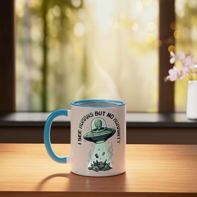 Aliens UFO Extraterrestrial Space Flying Saucer No Humanity Ceramic Mug, Blue/White