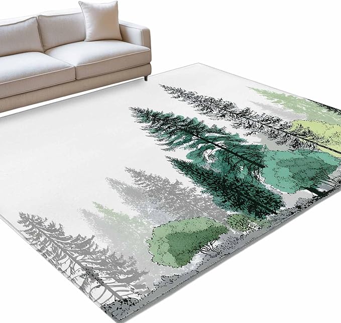 Area Rug 8x10ft, Minimalist Pine Tree Washable Rugs for Living Room Bedroom, Farmhouse Watercolor Plants Soft Non-Slip Area Rugs Rectangle Floor Carpet for Dining Room