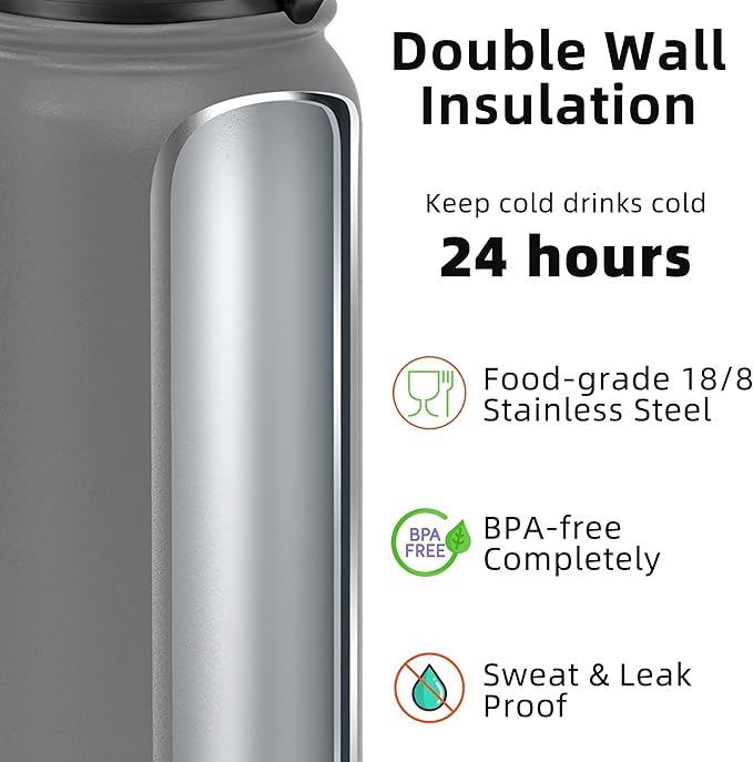 Fanhaw 40 oz Insulated Stainless Steel Water Bottle with Straw Lid, Leakproof Extra-Large Sports Bottle for Men & Women (Gray)