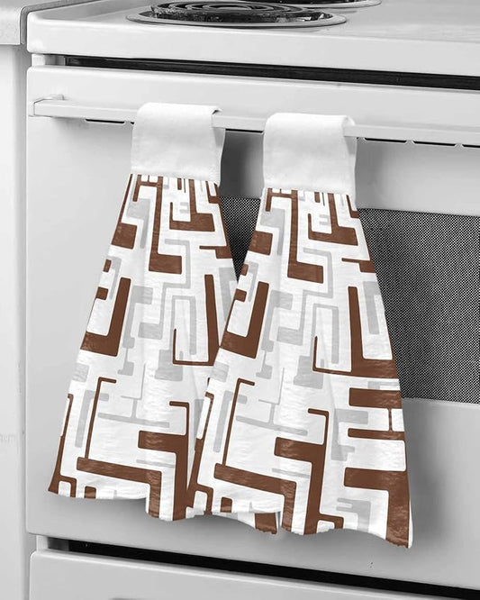 Alandar Home Kitchen Tie Towel Set of 2, Geometric Brown Gray Stripes Absorbent Soft Hand Towels for Bathroom Hanging Towels, Modern Abstract Texture Fast Drying Cleaning Cloth with Loop