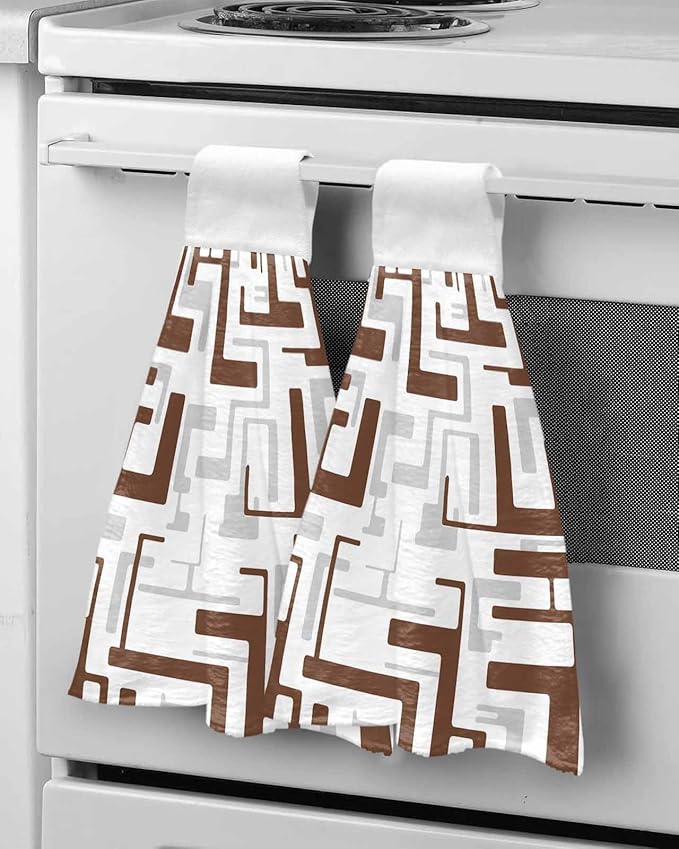 Alandar Home Kitchen Tie Towel Set of 1, Geometric Brown Gray Stripes Absorbent Soft Hand Towels for Bathroom Hanging Towels, Modern Abstract Texture Fast Drying Cleaning Cloth with Loop
