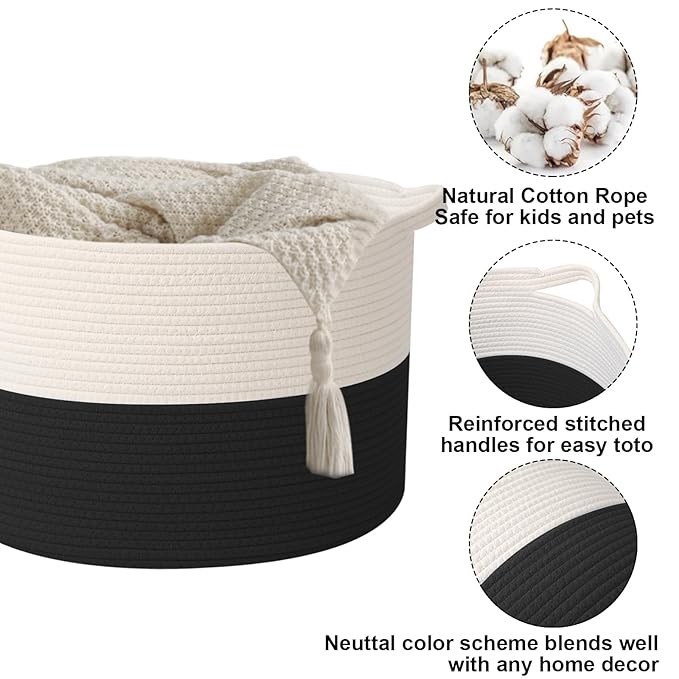 90L Extra Large Blanket Basket,Rope Woven Storage Basket with Handles, Laundry Hamper for Toys, Clothes, Pillows & Towels, Perfect for Living Room, Nursery & Bedroom,White&Black
