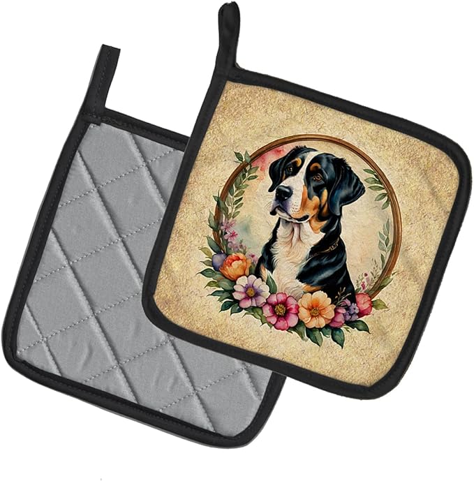 Caroline's Treasures Greater Swiss Mountain Dog and Flowers Pair of Pot Holders Kitchen Heat Resistant Pot Holders Sets Oven Hot Pads for Cooking Baking BBQ, 7 1/2 x 7 1/2