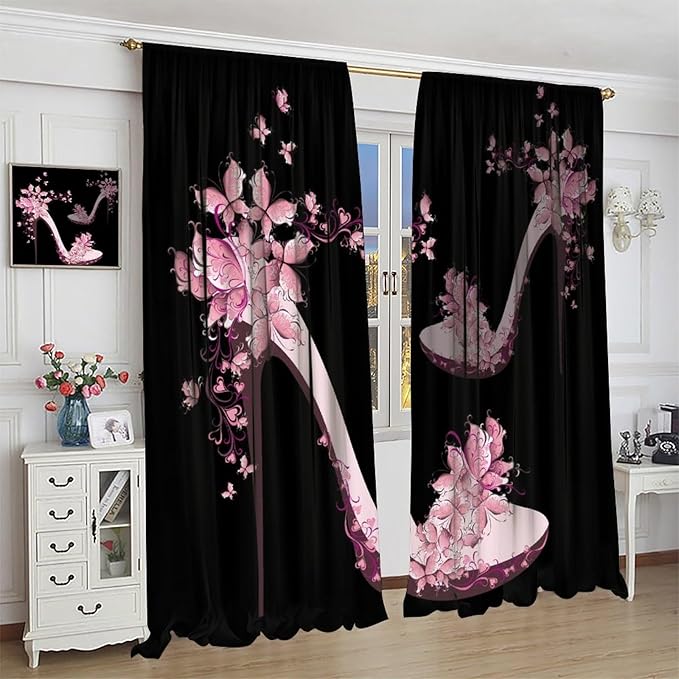 Heels Shoes Window Curtain,Retro Lady Women Pink Floral Butterfly Print Home Deocr Curtains for Kitchen Cafe Bedroom Dining Room Office Living Room Drapes, 63x72 in