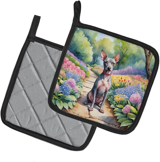 Caroline's Treasures American Hairless Terrier Spring Garden Pair of Pot Holders Kitchen Heat Resistant Pot Holders Sets Oven Hot Pads for Cooking Baking BBQ, 7 1/2 x 7 1/2