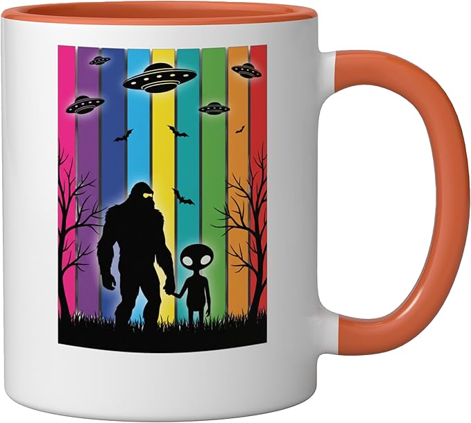 Bigfoot Holding Hands With Alien Ufo Rainbow Sci Fi Ceramic Mug, Orange/White