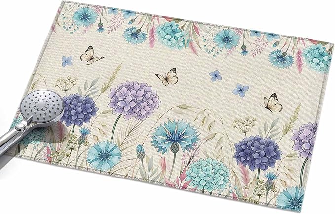 Area Rug 2x3ft, Farm Blossom Floral Hydrangea Washable Rugs for Living Room Bedroom, Watercolor Butterfly on Linen Soft Non-Slip Area Rugs Rectangle Floor Carpet for Dining Room