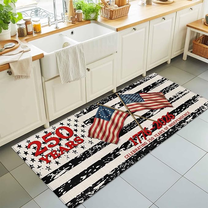 Runner Rug for Bedroom Hallway, Independence Day 250th Anniversary Kitchen Runner Rugs Area Rug 2x6ft, Retro USA Flags Washable Soft Floor Carpet for Entryway Stair
