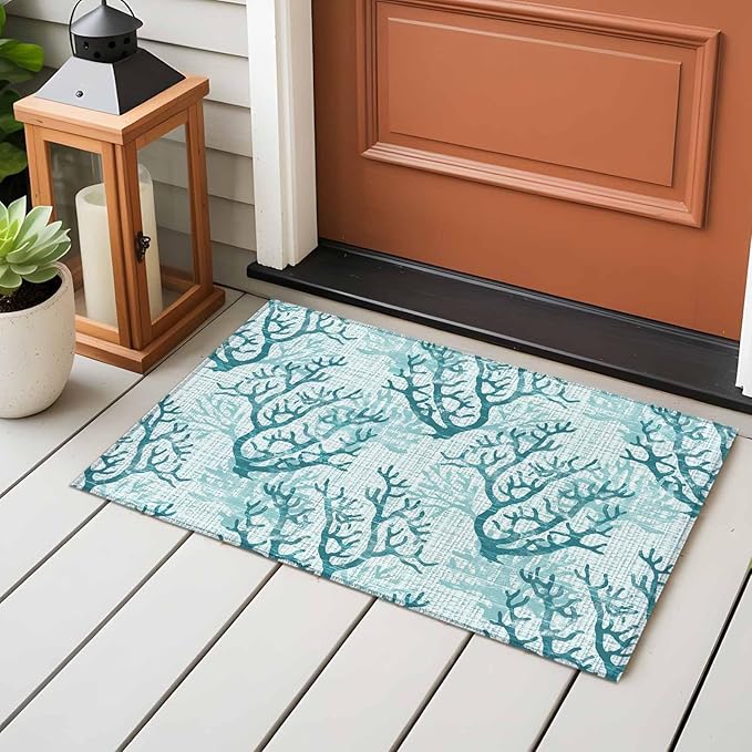 Area Rug 2x3ft, Coastal Sea Coral Retro Linen Washable Rugs for Living Room Bedroom, Underwater Ocean Life Soft Non-Slip Area Rugs Rectangle Floor Carpet for Dining Room