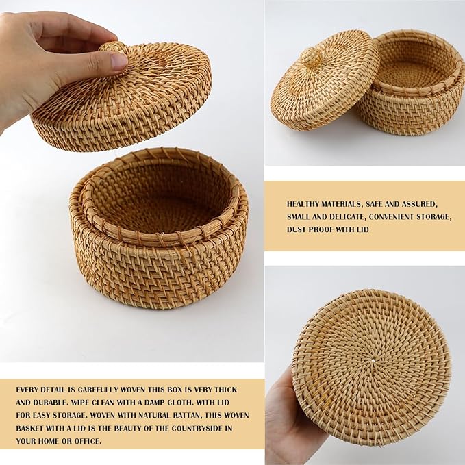 DOERDO Round Rattan Storage Basket with Lid, Hand Woven Rattan Storage Box for Jewelry Fruit Snacks Basket, 5.5x3.9 Inch