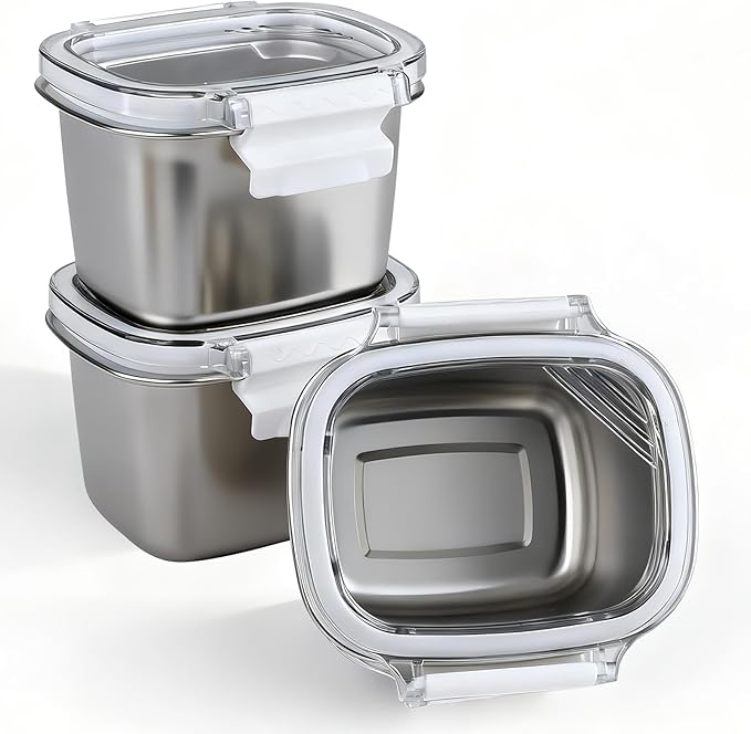 3 Piece Stainless Steel Containers with Lids, 15.25oz Food Storage Containers Leakproof Lunch Small Snack Boxes, Reusable Meal Prep Containers Suitable for Dips, Condiments, Snacks