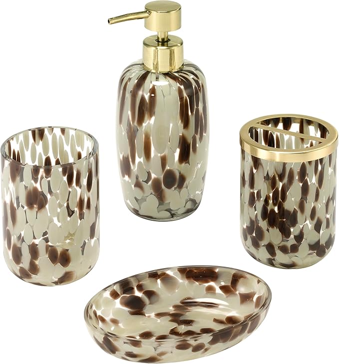 Nicole Miller – Bathroom Accessory Set, Heavyweight Glass with Abstract Animal Print Design, Decorative Lotion Pump, Soap Dish, Toothbrush Holder & Tumbler (Safari)