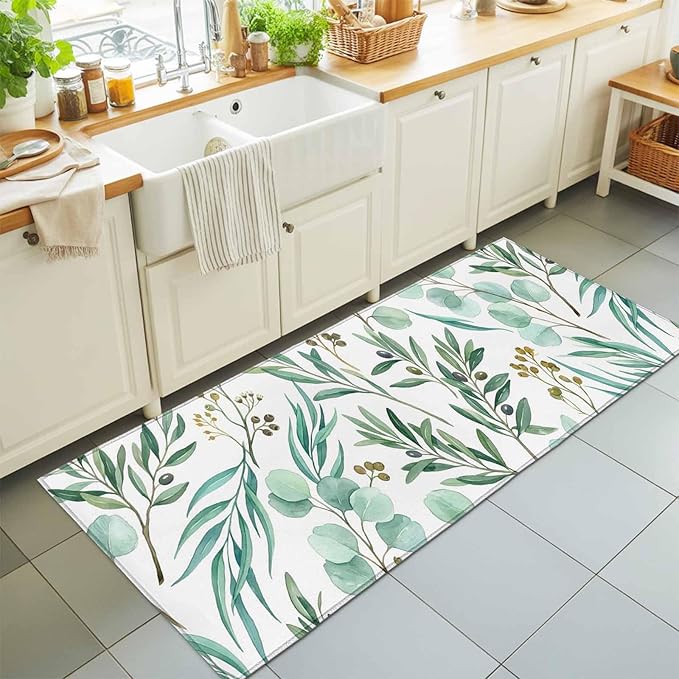 Runner Rug for Bedroom Hallway, Watercolor Eucalyptus Leaves Kitchen Runner Rugs Area Rug 2x6ft, Spring Green Foliage Branch Washable Soft Floor Carpet for Entryway Stair