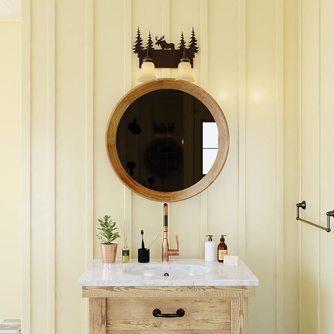 VAXCEL Yellowstone 2-Light 16.75 inch Wide Burnished Bronze Rustic Cabin Bathroom Vanity Lighting Fixture, Amber Flake Glass Shade, Moose, Trees, Dimmable LED Compatible Over the Mirror Wall Mounted