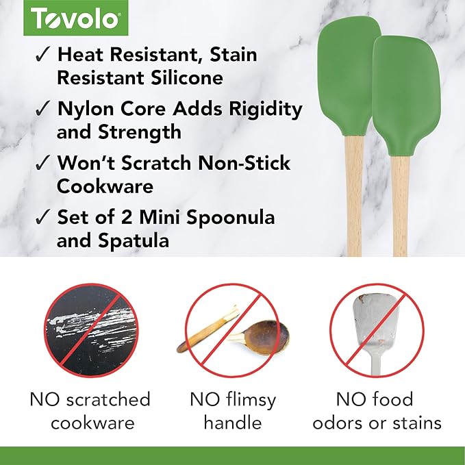 Tovolo Mini Spoon Spatula Wooden Handle Set for Cooking & Baking, Heat Resistant Safe for Cast Iron BPA Free Silicone Mixing Tool Natural Wood Perfect for Scraper Mixing Spooning, Pesto Green