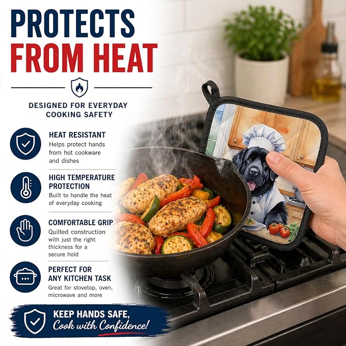 Caroline's Treasures Newfoundland The Chef Pair of Pot Holders Kitchen Heat Resistant Pot Holders Sets Oven Hot Pads for Cooking Baking BBQ, 7 1/2 x 7 1/2