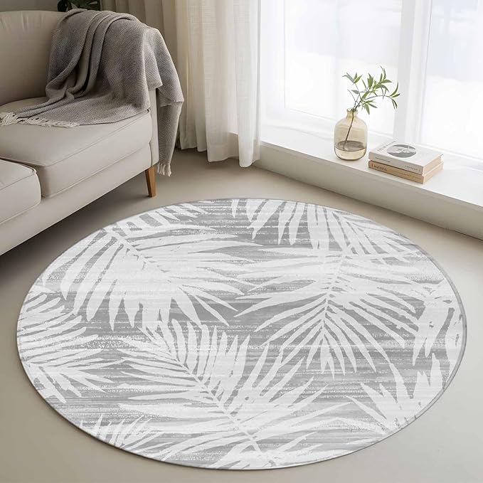 Washable Round Area Rug Modern Gray Palm Leaves Circle Rugs Floor Carpet for Living Room Bedroom, Boho Tropical Leaves Soft Non Slip Round Rug 3ft