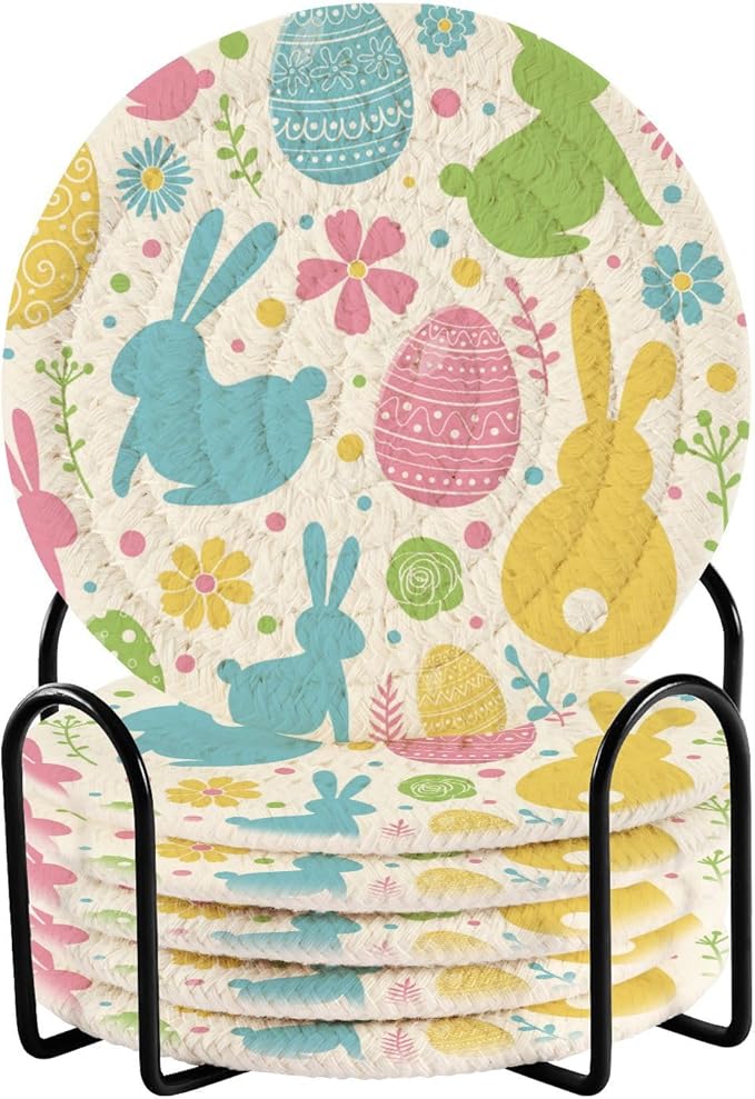 YETTASBIN Easter Bunny Eggs 6 Pcs Drink Coasters with Holder, Cotton Woven Absorbent Heat-Resistant Round Coaster Non-Slip Table Mat for Kitchen Bar Home Decor Housewarming Gift, 3.9 in
