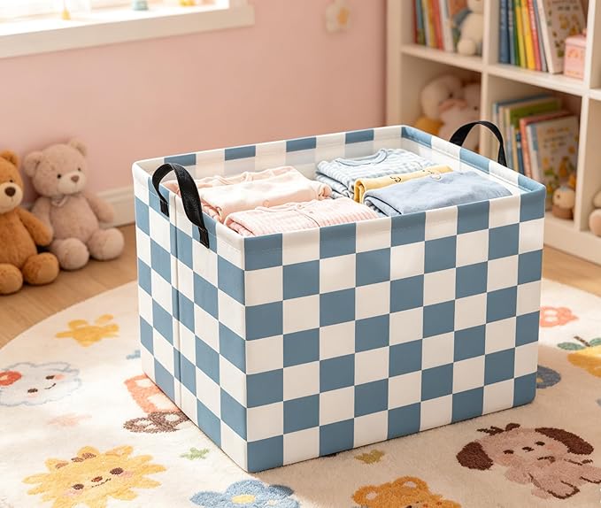 HIYAGON Rectangular Kids Basket Baby Girl Basket Fabric Storage Bin Organizer Box Room Decor(Blue Checkered)