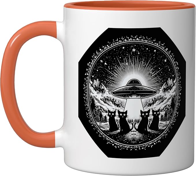 Retro UFO Cats Vintage Sci Fi Space Stary Sky Design Ceramic Mug, Orange/White
