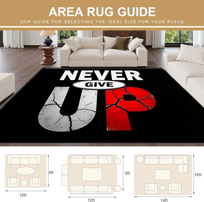 8x10 Area Rugs for Bedroom Boho Washable Man Cave Rug for Living Room Never Give Up Motivational Typography Cracked Lettering Design Soft Rubber Backed Non-Slip Large Carpets for Boys